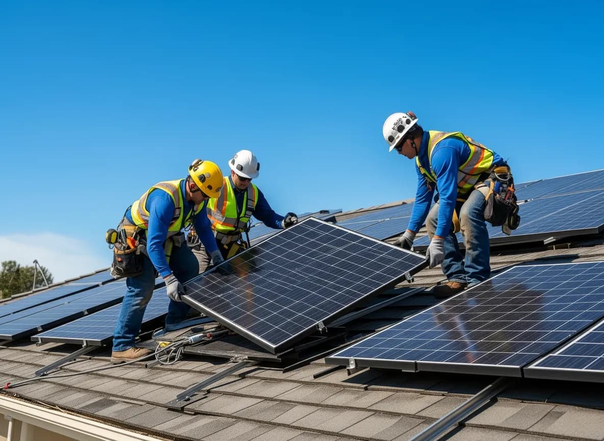 Solar field services crew working on a commercial solar array
